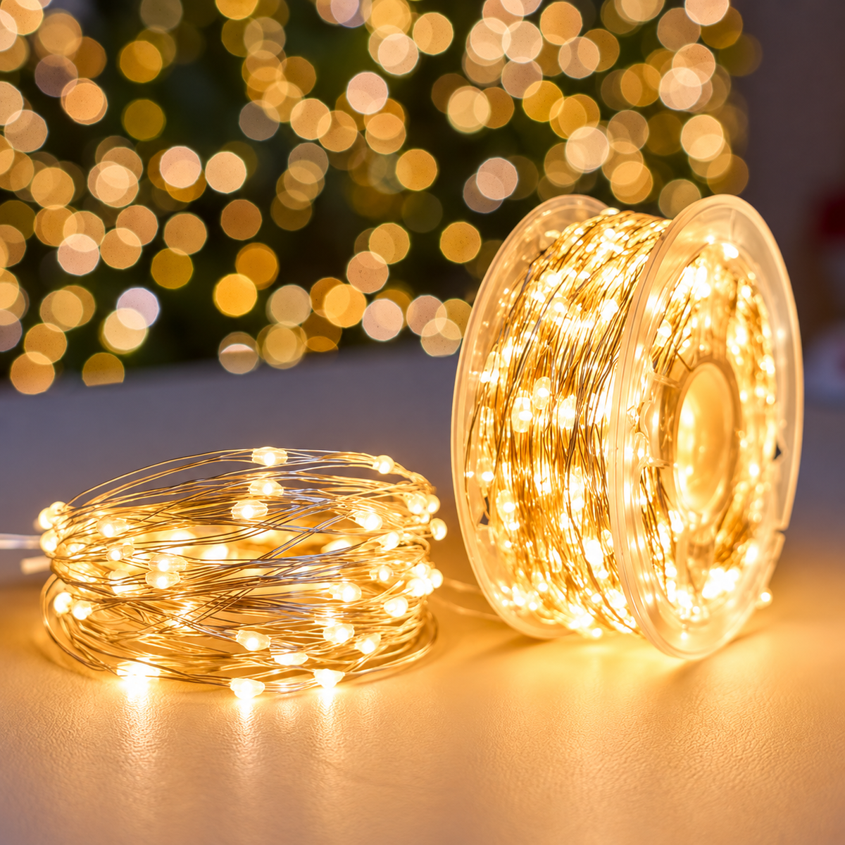 Instalație de Crăciun cu LED-uri în lumină caldă, pe fir argintiu