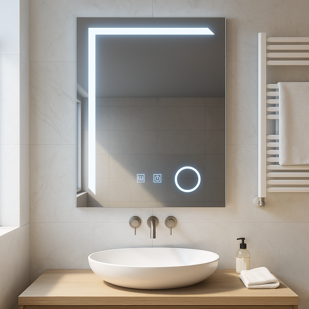 Oglindă de baie dreptunghiulară cu LED, comandă tactilă și dezaburire