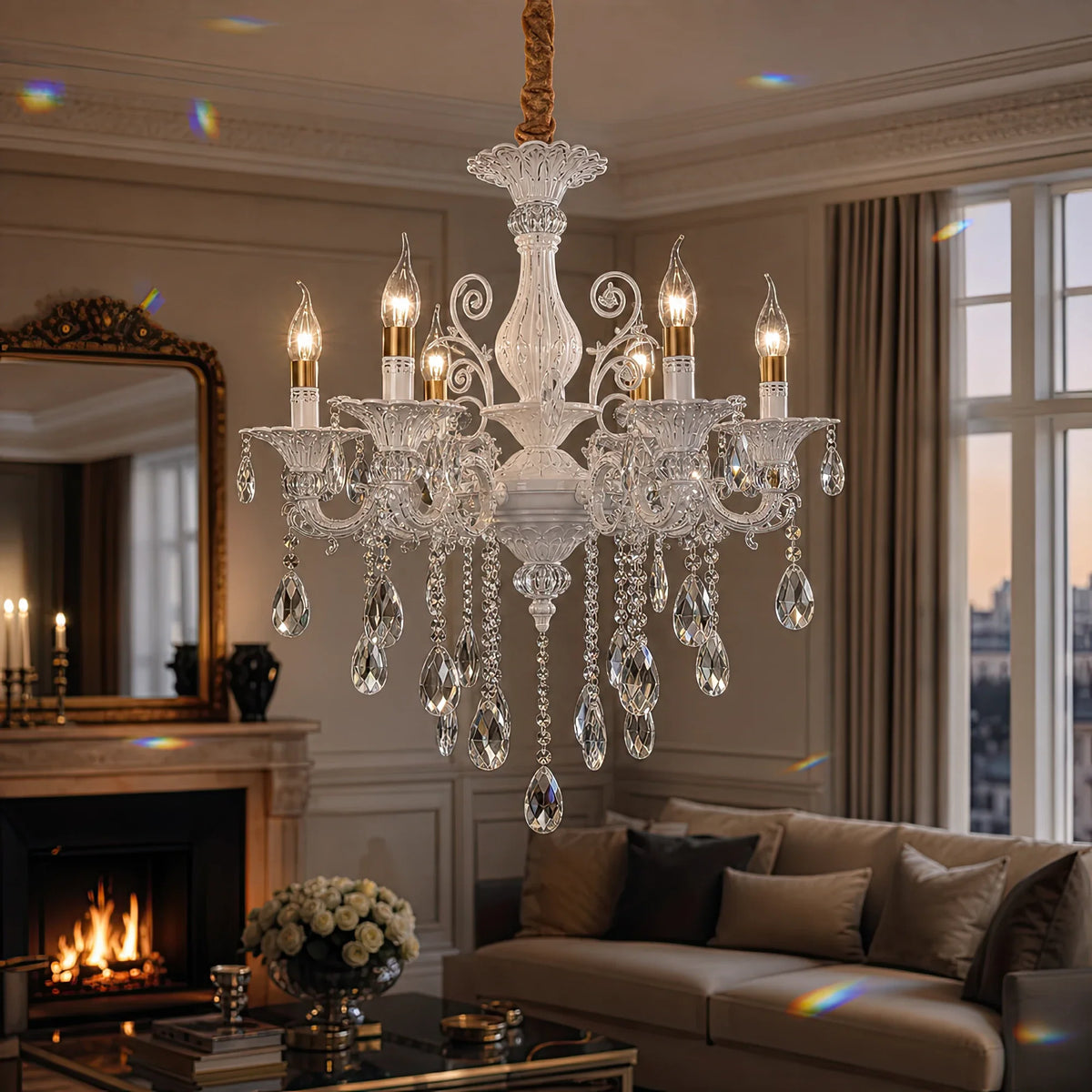 Candelabru SANSSOUCI 6xE14 Cristal si Metal – Design Clasic, Alb Argintiu
