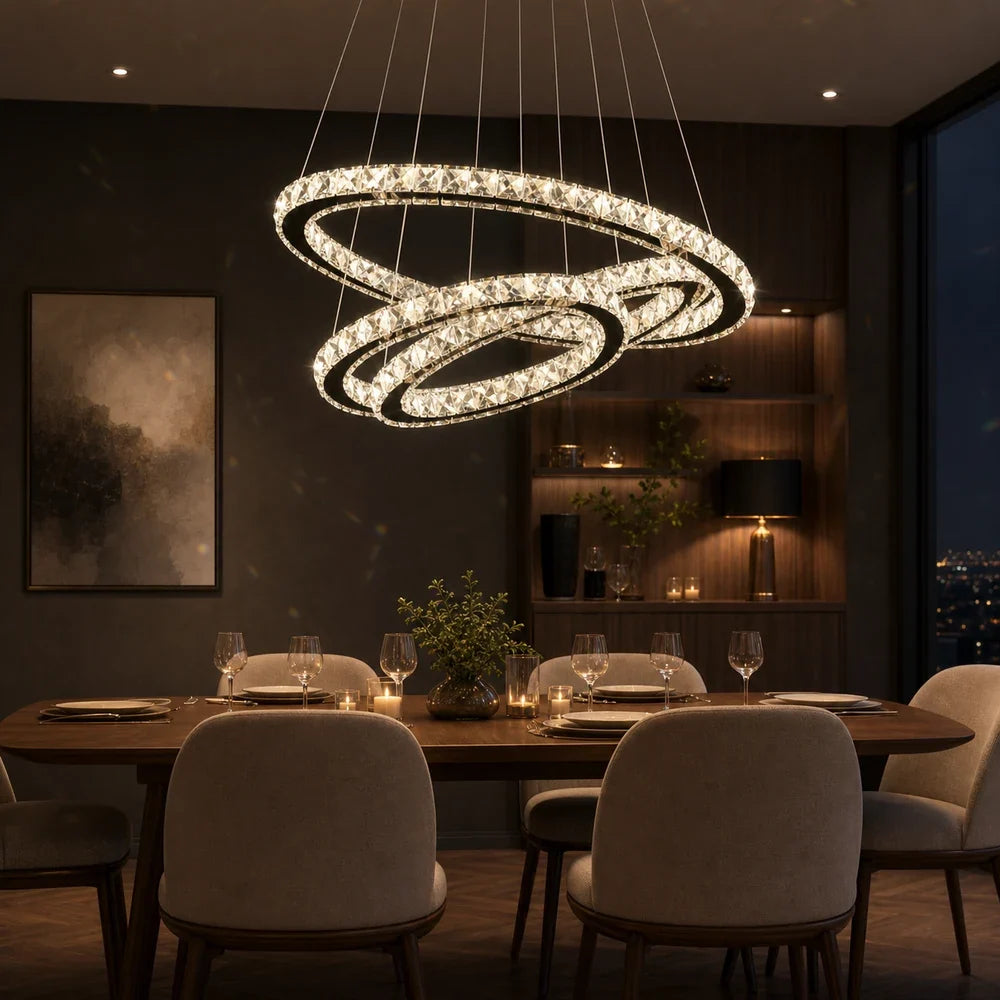Lustra LED suspendata cu telecomanda si cristal PRISM LUMINIS 79W, 3 Cercuri, lumina Rece/Calda/Neutra, Dimabila, Crom, Inaltime Reglabila, imaginea 11