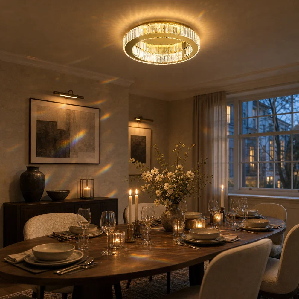 VERTUS 31W LED Chandelier with Remote Control and Crystal, 50cm, Round, Cool/Warm/Neutral Light, Dimmable, Gold, imaginea 8