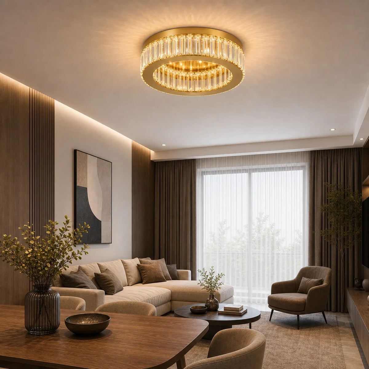 VERTUS 31W LED Chandelier with Remote Control and Crystal, 50cm, Round, Cool/Warm/Neutral Light, Dimmable, Gold, imaginea 9