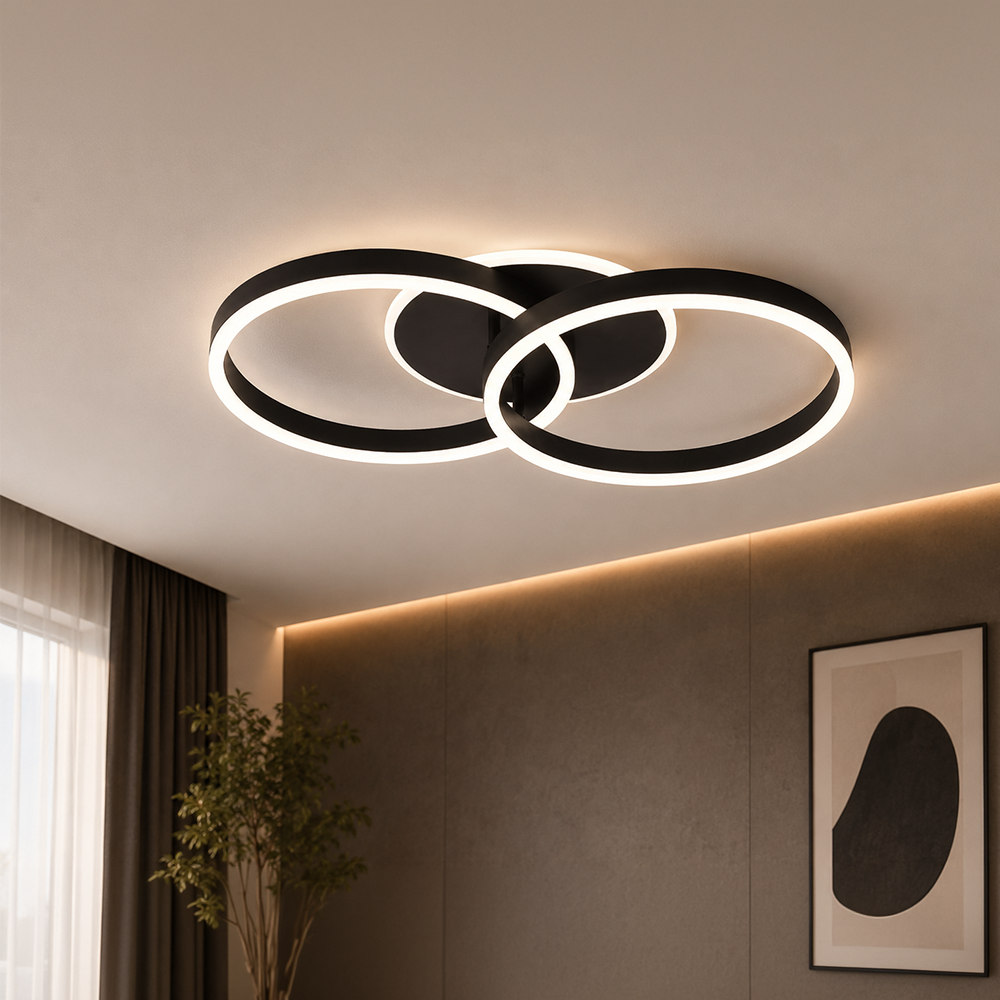 RIGA LILITH 34W LED Chandelier with Remote Control, 2 Rings, Cool/Warm/Neutral Light, Dimmable, Black, imaginea 1
