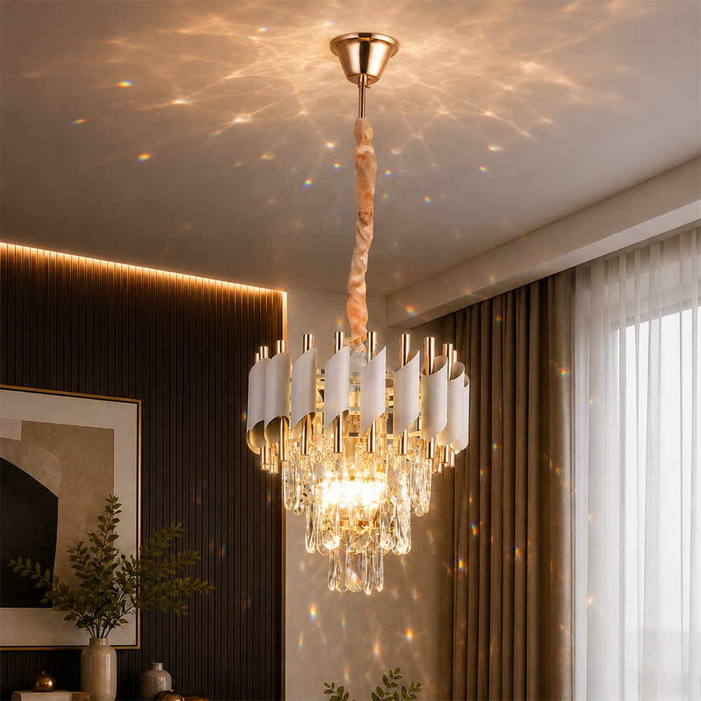 Candelabru Cristal VERSAILLES Petito 3xE14, Diametru 30cm, Auriu Lucios si Alb, Inaltime Reglabila, Metal si Cristal, imaginea 4