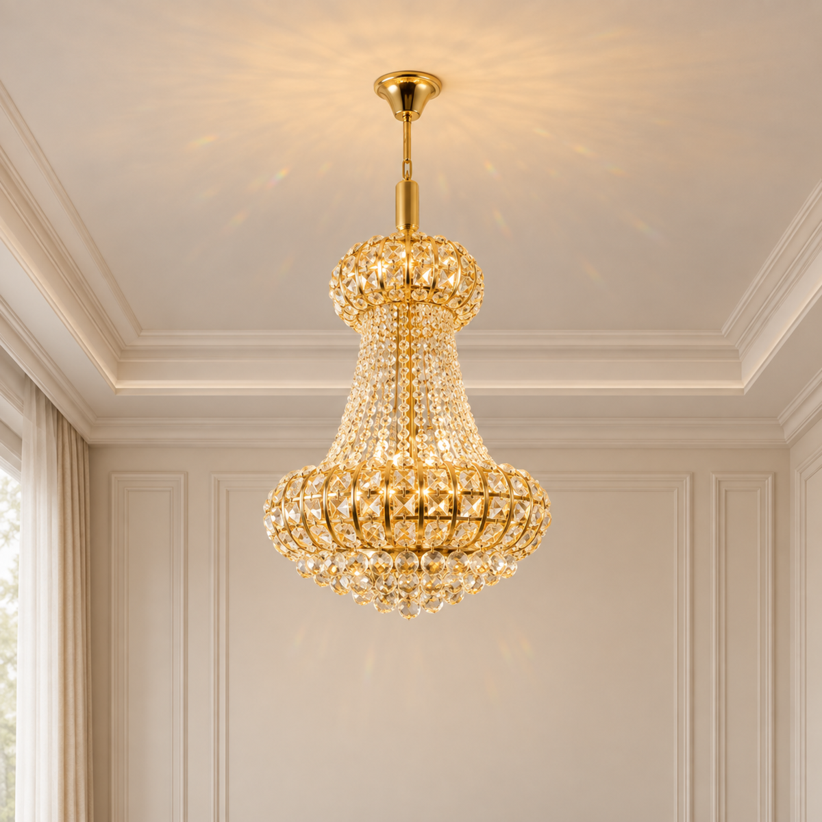 Candelabru Cristal CASTRUM Nobile 5xE14, D40 cm, Auriu, Inaltime Reglabila, Metal si Cristal