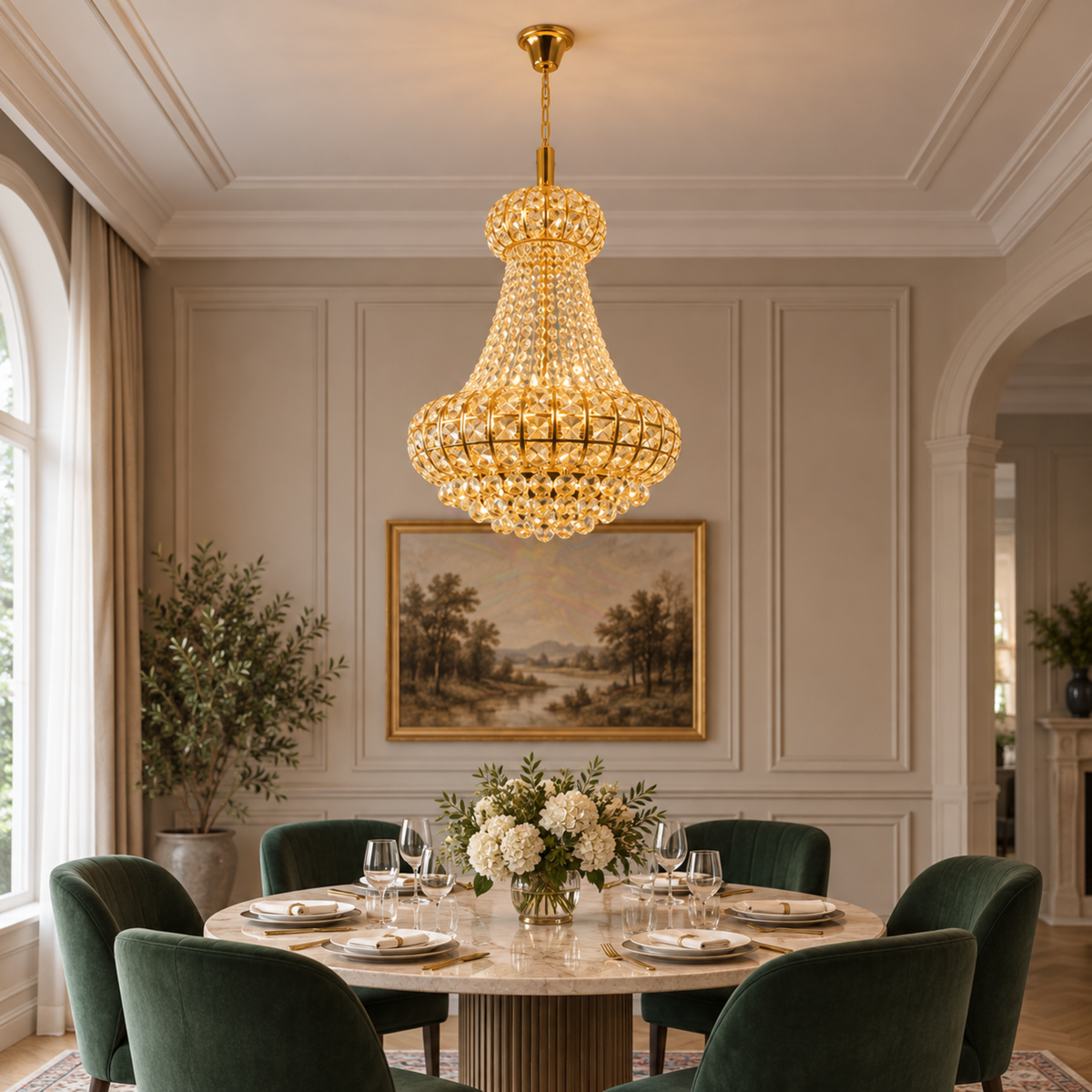 Candelabru Cristal CASTRUM Eleganza 9xE14, D50 cm, Auriu, Inaltime Reglabila, Metal si Cristal
