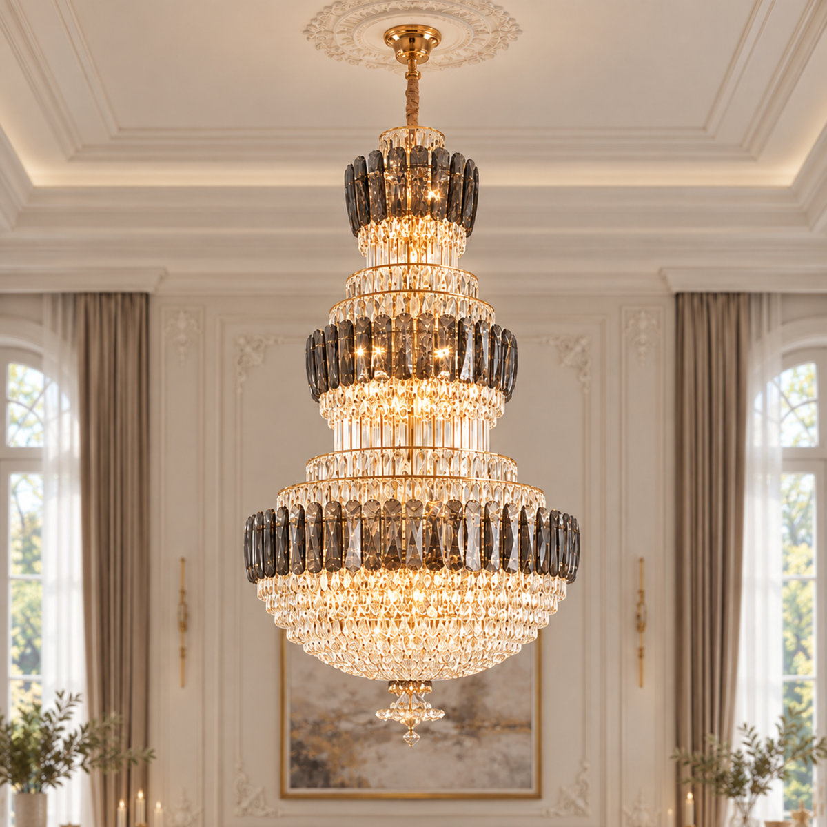 Candelabru Cristal VELIOR Regalis 29xE14, D80 cm, Auriu, Inaltime Reglabila, Metal si Cristal