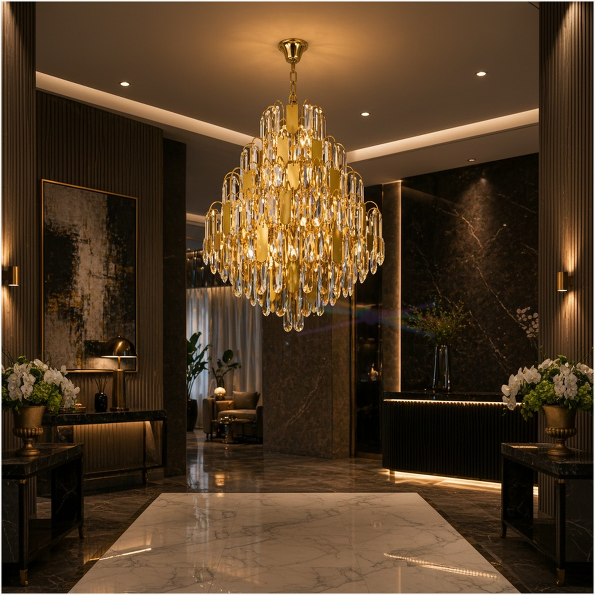 Candelabru Cristal TIER Magno 13xE14, D60 cm, Auriu, Inaltime Reglabila, Metal si Cristal