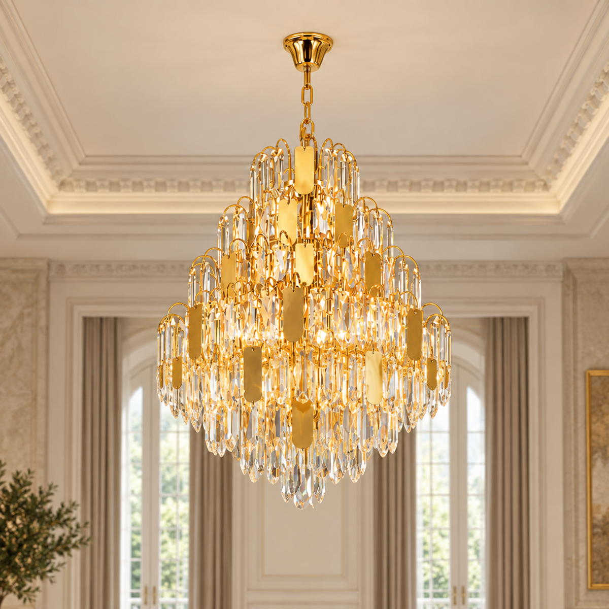 Candelabru Cristal TIER Regalis 21xE14, D80 cm, Auriu, Inaltime Reglabila, Metal si Cristal