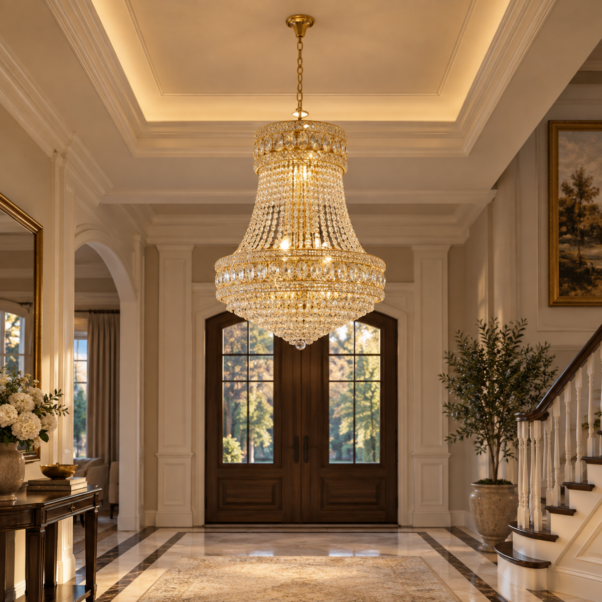 Candelabru Cristal EMPIRE Nobile 6xE14, D40 cm, Auriu, Inaltime Reglabila, Metal si Cristal