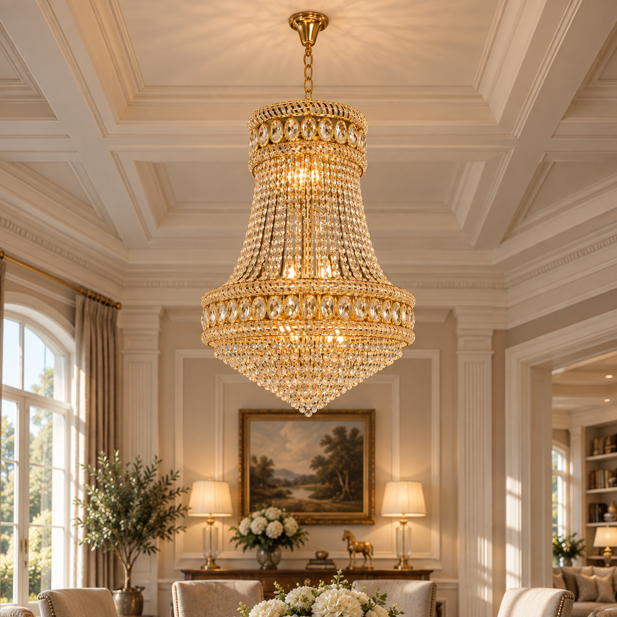 Candelabru Cristal EMPIRE Magno 10xE14, D60 cm, Auriu, Inaltime Reglabila, Metal si Cristal