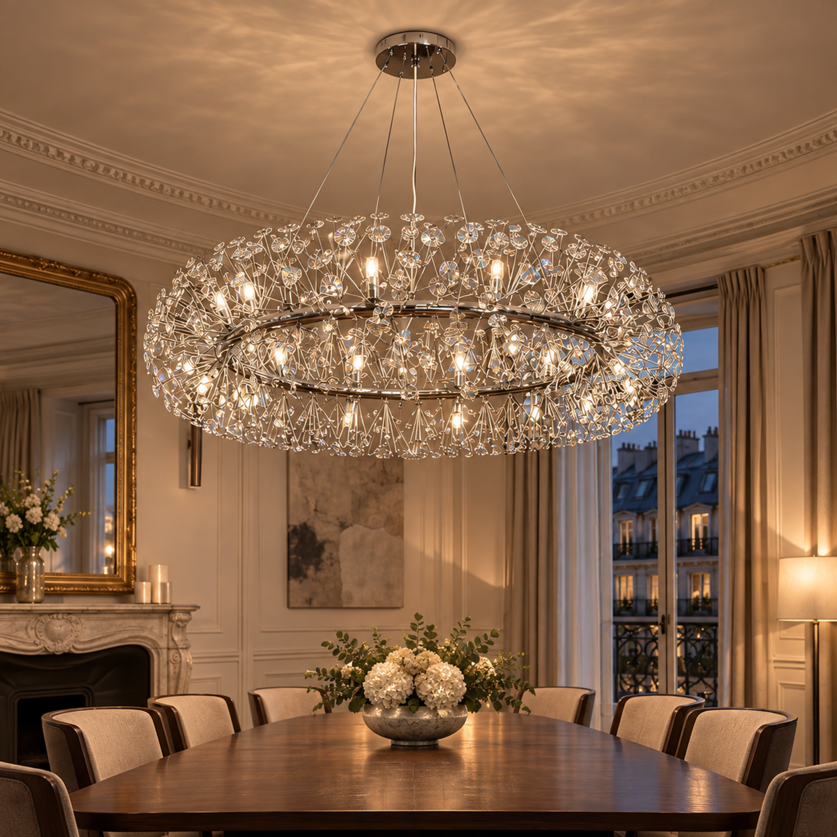 Candelabru Cristal SEGOVIA Magno 12x E14, Diametru 60cm, Crom Lucios, Inaltime Reglabila