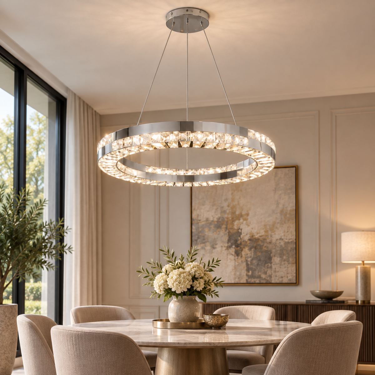 Candelabru LED cu Telecomanda, 60W, POLAR, Diametru 50 cm, Inaltime 120 cm, Lumina Rece/Neutra/Calda, Dimabila, Argintiu, Cristal, Metal