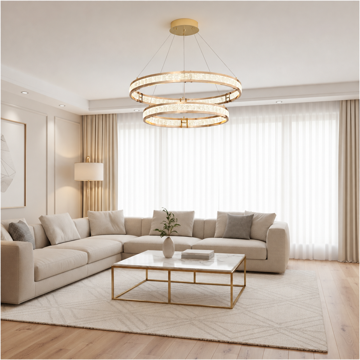 Candelabru Cristal, LINDERHOF Magno, 61W, Diametru 60cm, Lumina Rece/Calda/Neutra, Auriu, Inaltime Reglabila