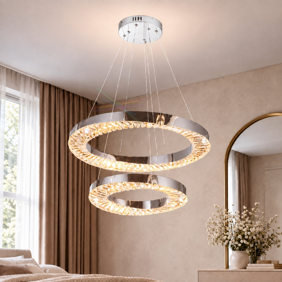 Candelabru LED cu Telecomanda, 196W, HALO Magno, Diametru 40+60 cm, Inaltime 120 cm, IP20, Lumina Rece/Neutra/Calda, Dimabila, Crom, Cristal, Metal