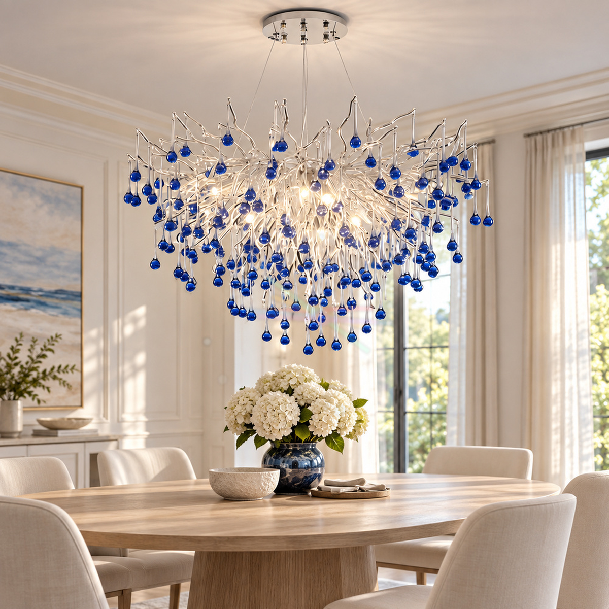 Candelabru Cristal CC335/600CH, 9x G9, Crom si Cristale Albastre, 60cm, Inaltime Reglabila