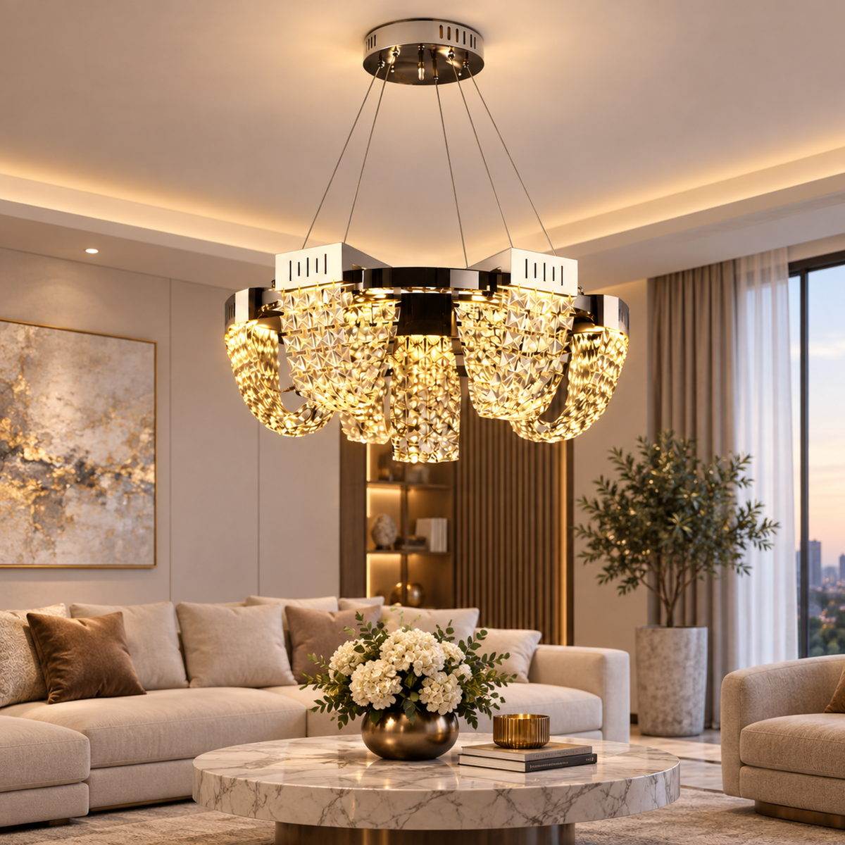 Candelabru Cristal LED 24W, STRATUS Regalis, Diametru 80cm, Crom Lucios, Inaltime Reglabila, Lumina Calda Neutra Rece 3000K/4000K/6000K, Metal si Cristal