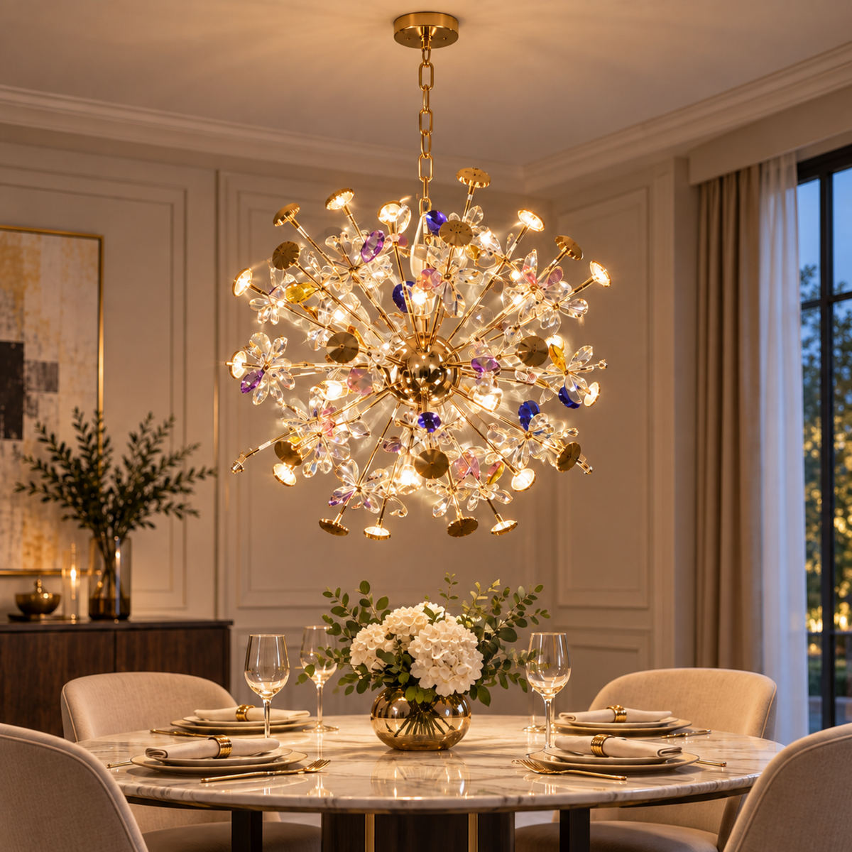Candelabru Modern cu Cristal, FloraLux, 32xG4, Auriu si Cristale, 54.5cm, Inaltime Reglabila, Metal si Cristal
