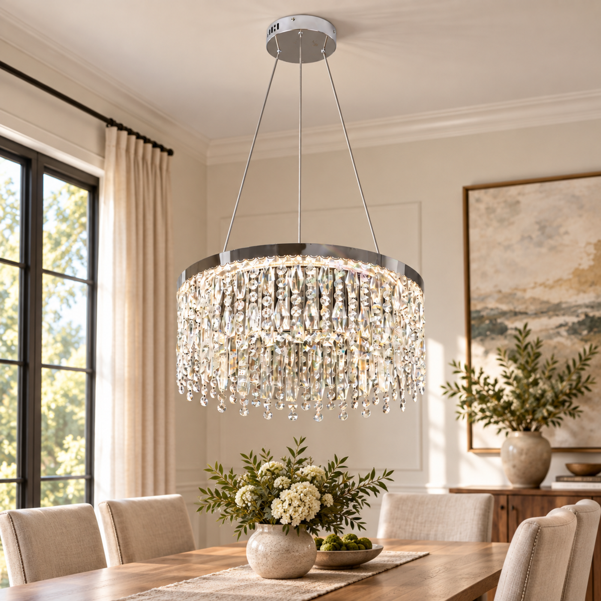 Candelabru LED cu Telecomanda, 98W, ROYALE Eleganza, Diametru 50 cm, Inaltime 120 cm, Lumina Rece/Neutra/Calda, Dimabila, Argintiu, Cristal, Metal
