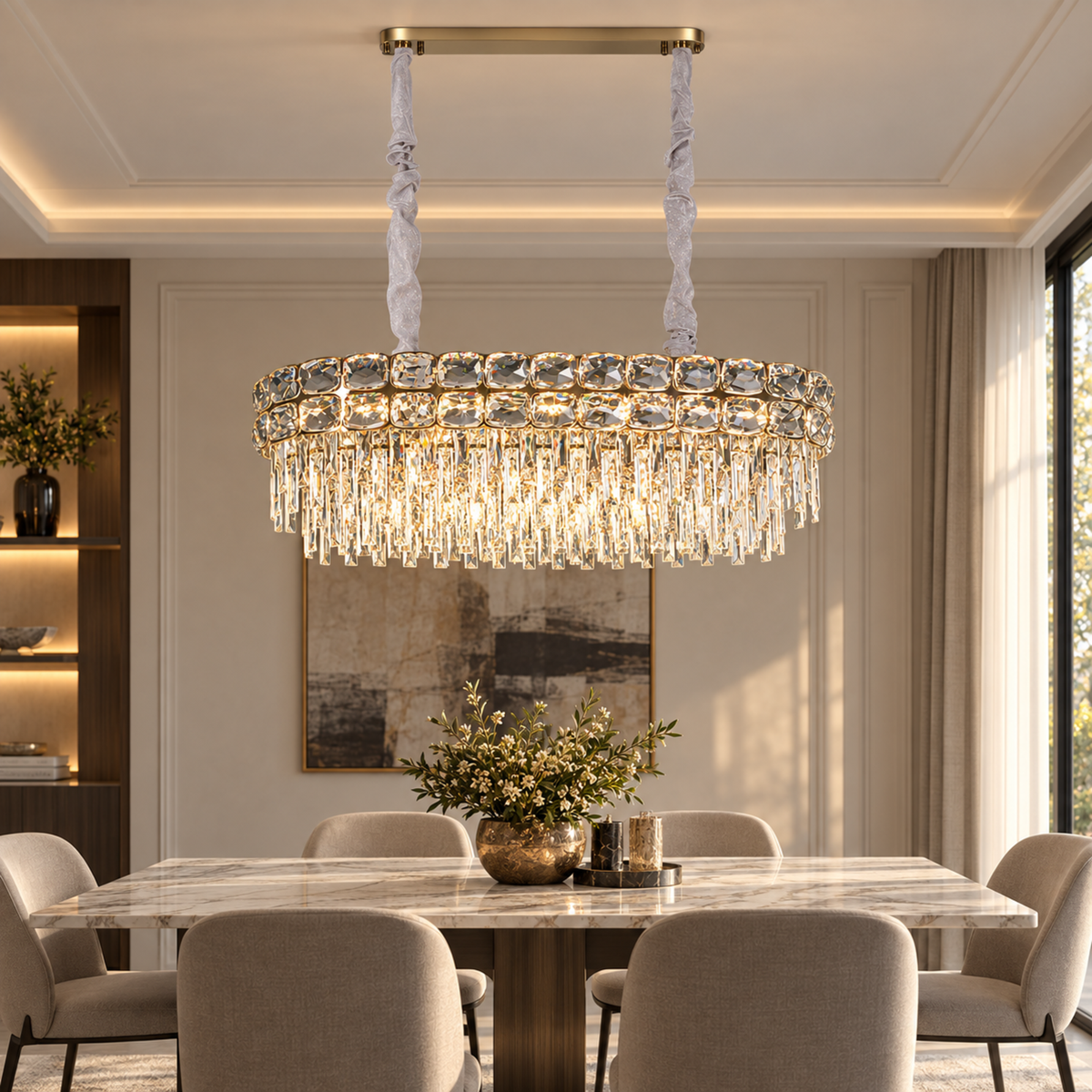 Candelabru Cristal LUCENT Regalis 28xE14, 85x35 cm, Auriu, Inaltime Reglabila, Metal si Cristal