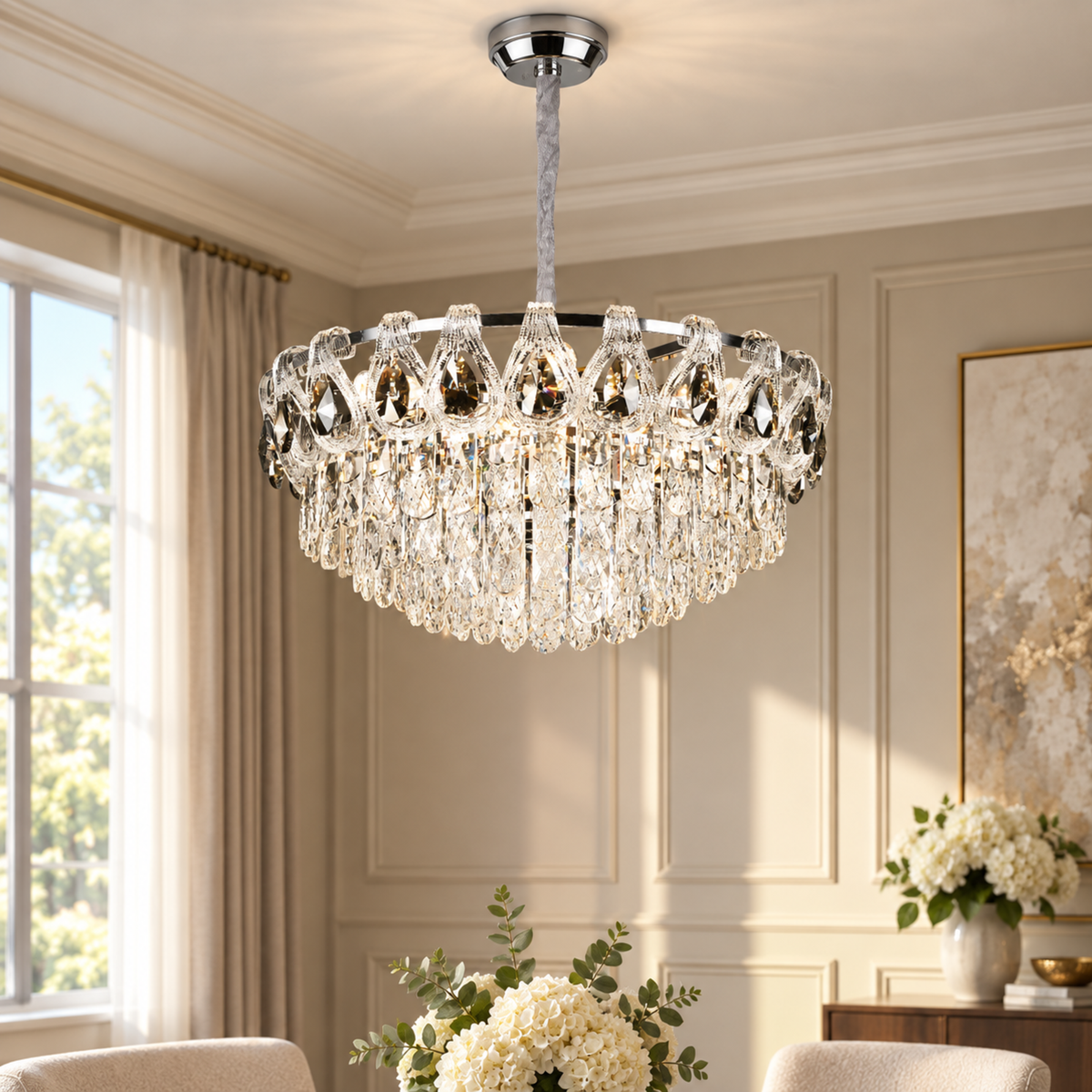 Candelabru Cristal CC5122/500CR 9x E14, Diametru 50cm, Crom Lucios, Inaltime Reglabila
