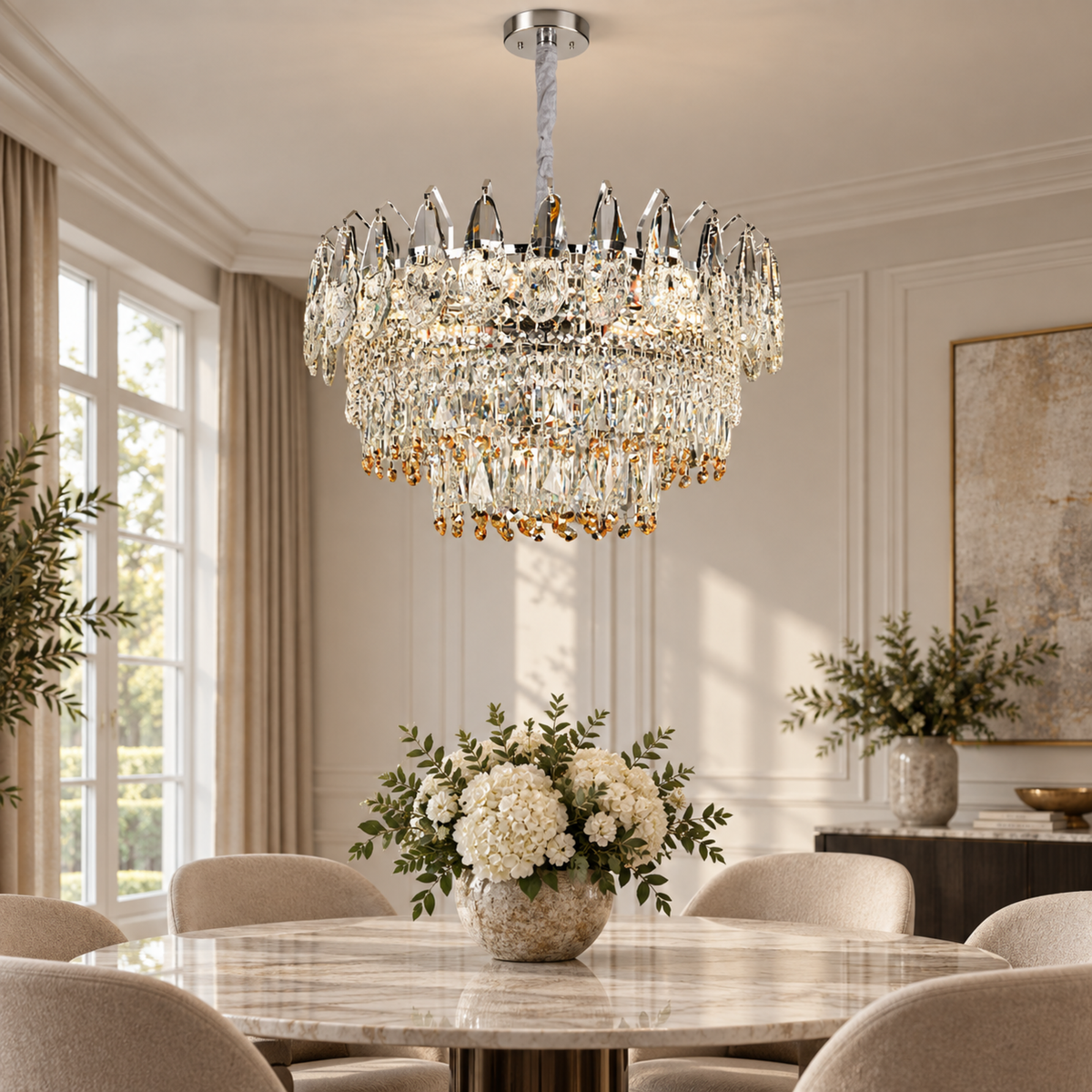 Candelabru Cristal MAJESTIC Eleganza, 9x E14, Diametru 50cm, Crom Lucios, Inaltime Reglabil