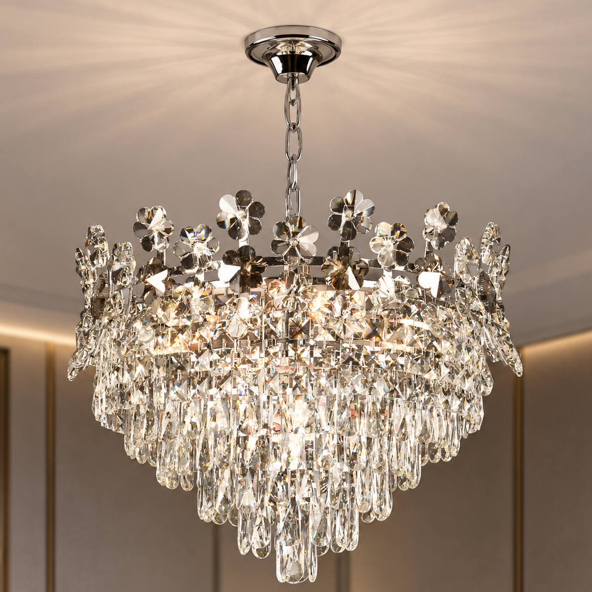 Candelabru Cristal FLORENCE Eleganza, 9x E14, Diametru 50cm, Crom Lucios, Inaltime Reglabila