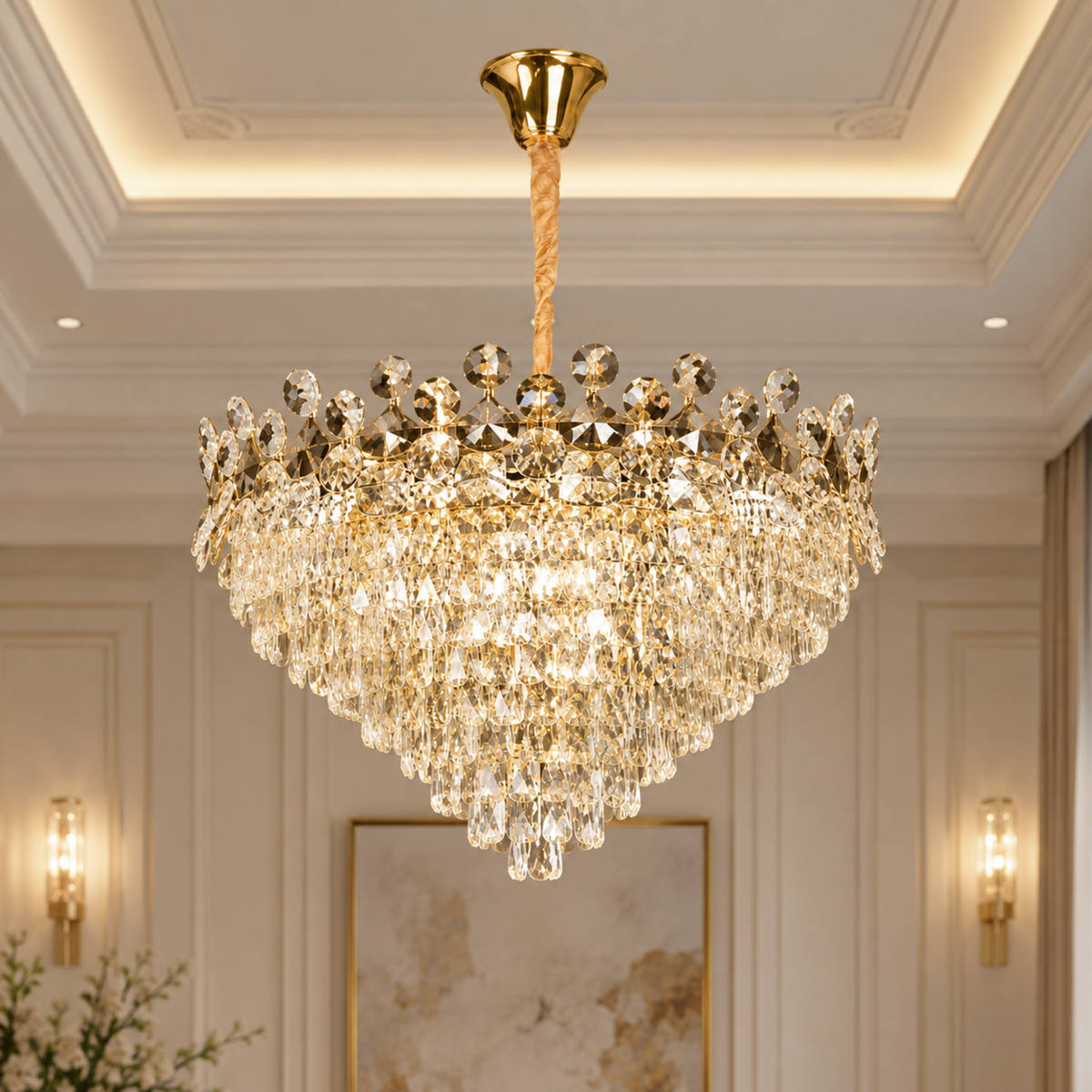 Candelabru Cristal ACE Regalis 22xE14, Diametru 80cm, Inaltime 40cm, Auriu Lucios, Inaltime Reglabila, Design Elegant
