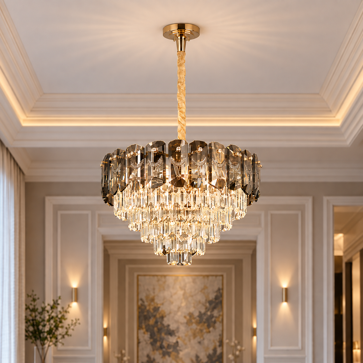Candelabru Cristal AURUM Nobile 9xE14, Diametru 40cm, Inaltime 30cm, Auriu Lucios, Inaltime Reglabila, Design Elegant