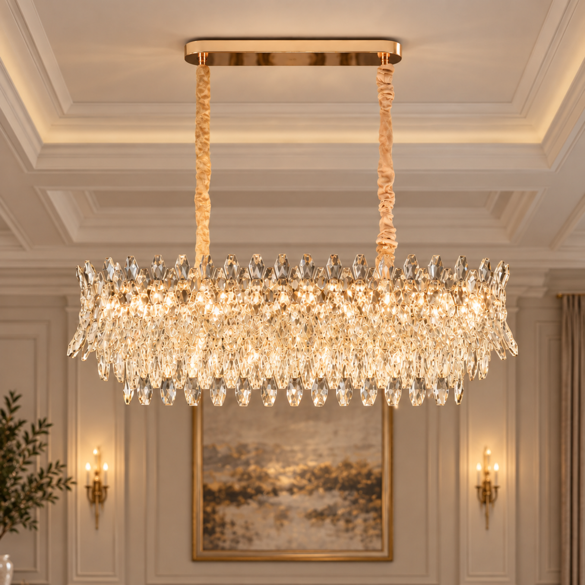 Candelabru Cristal MONARCH Supremo 14xE14, Dimensiune 100x35 cm, Inaltime 38 cm, Auriu Lucios, Inaltime Reglabila, Design Elegant