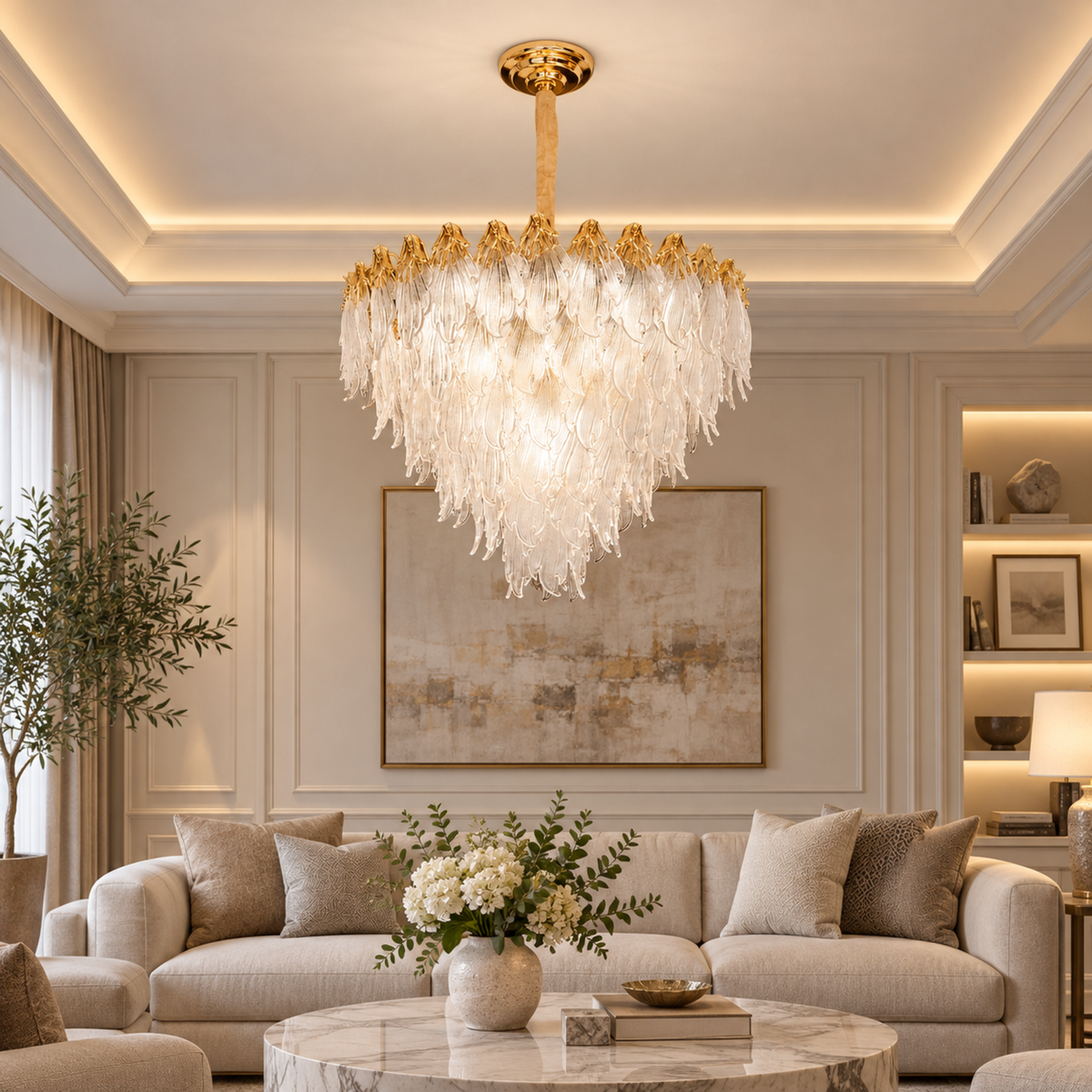 Candelabru Cristal MURANO Eleganza 9xE14, D50 cm, Auriu, Inaltime Reglabila, Metal si Cristal