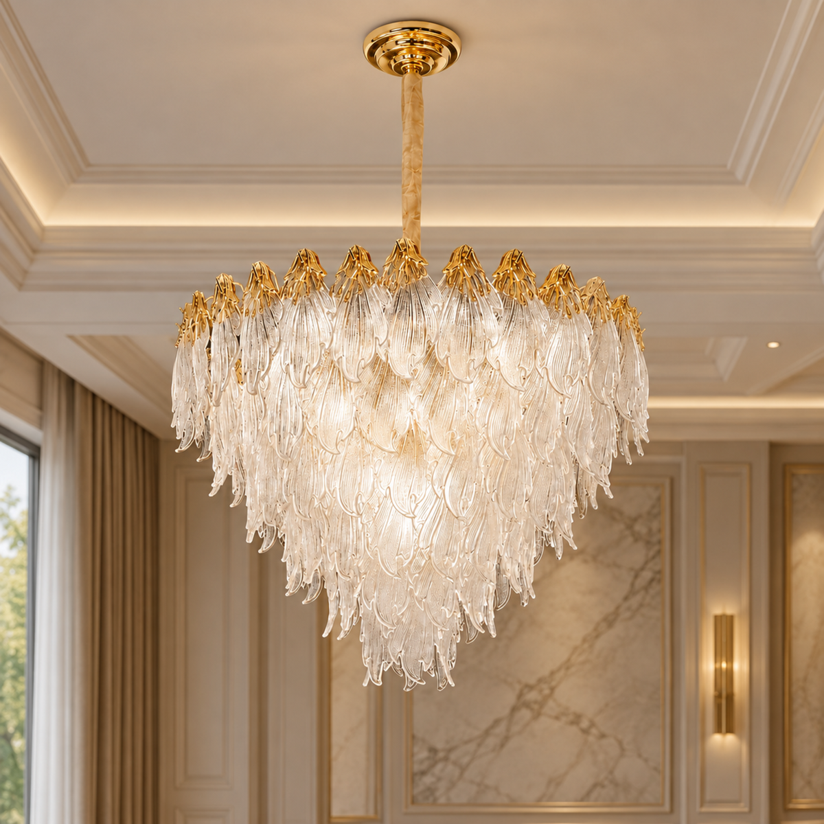 Candelabru Cristal MURANO Magno 12xE14, D60 cm, Auriu, Inaltime Reglabila, Metal si Cristal