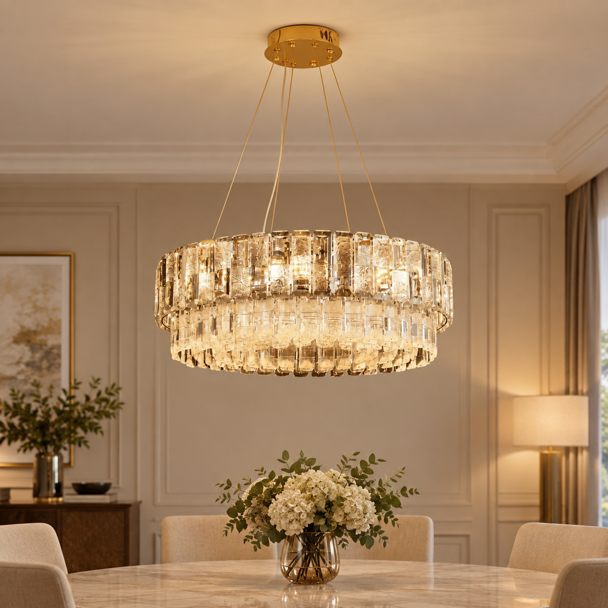 Candelabru Cristal ELYSIAN Eleganza 7xE14, D50 cm, Auriu, Inaltime Reglabila, Metal si Cristal