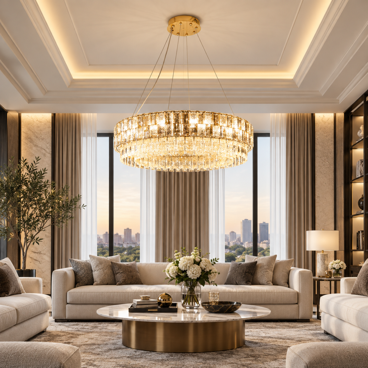 Candelabru Cristal ELYSIAN Magno 9xE14, D60 cm, Auriu, Inaltime Reglabila, Metal si Cristal
