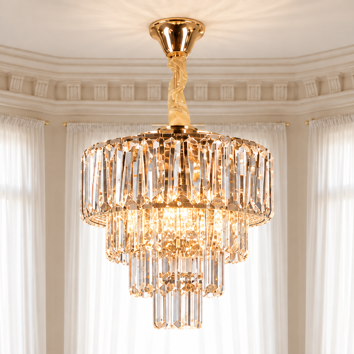 Candelabru Cristal VALMONT Petito 3xE14, D30 cm, Auriu, Inaltime Reglabila, Metal si Cristal