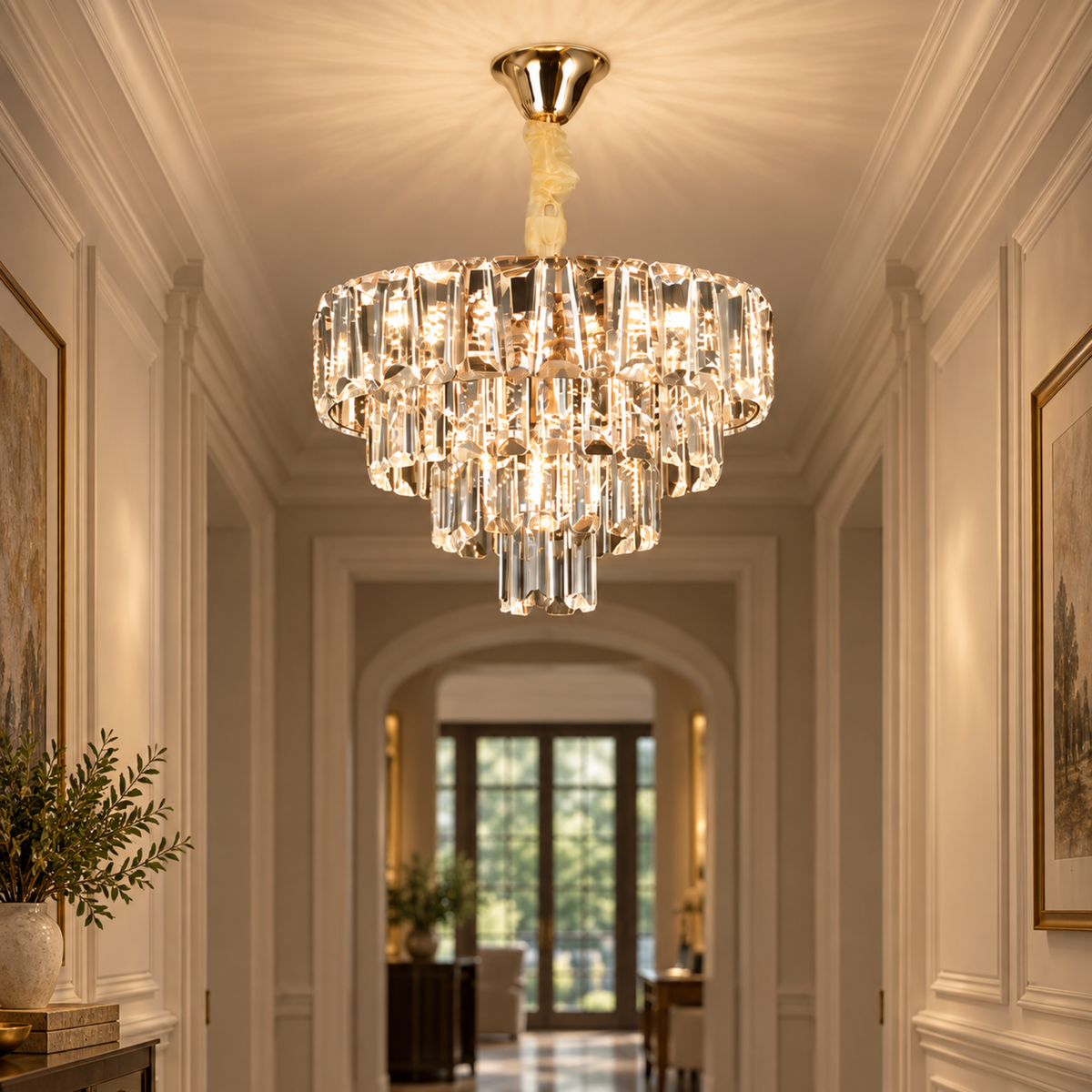 Candelabru Cristal VALMONT Nobile 6xE14, D40 cm, Auriu, Inaltime Reglabila, Metal si Cristal
