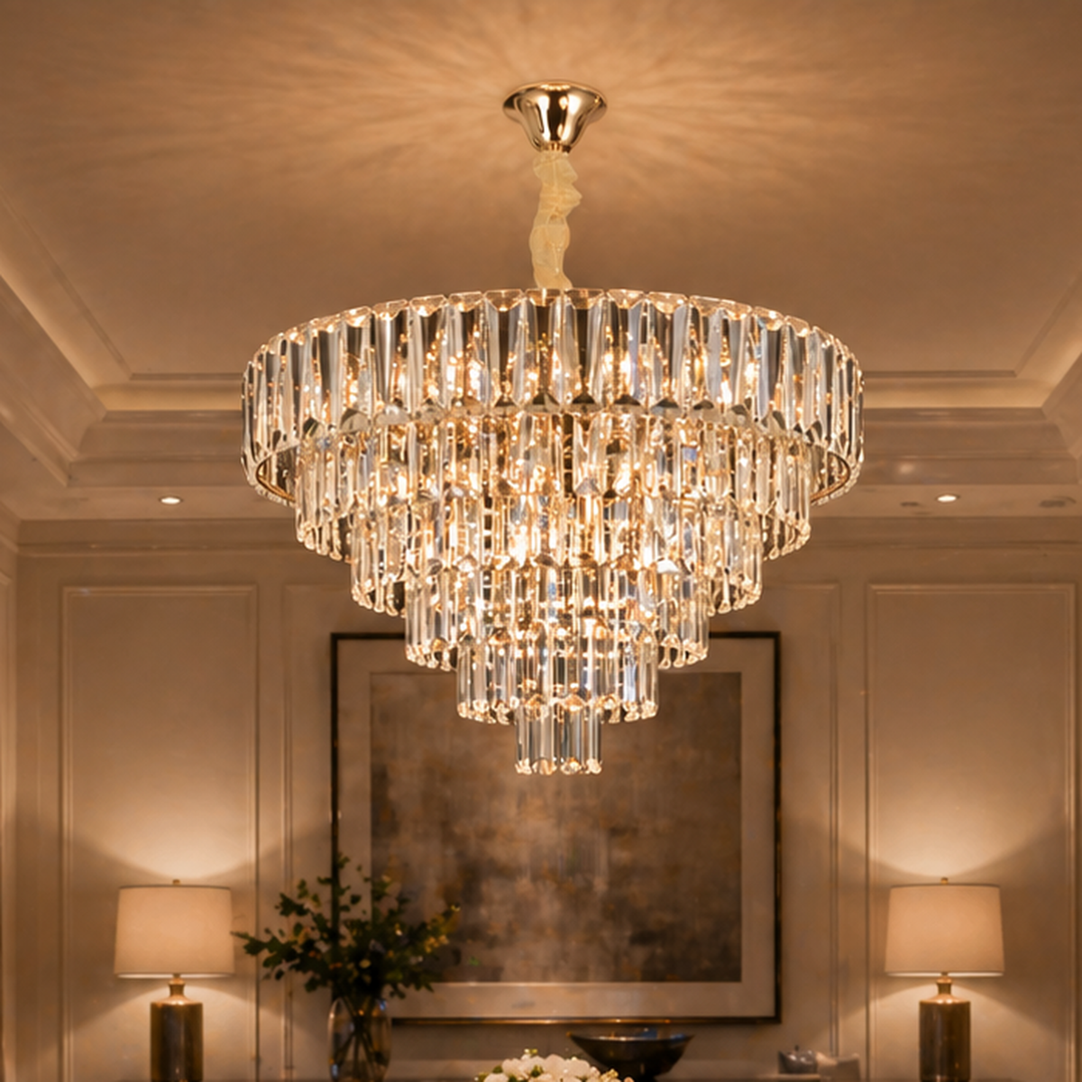 Candelabru Cristal VALMONT Magno 12xE14, D60 cm, Auriu, Inaltime Reglabila, Metal si Cristal