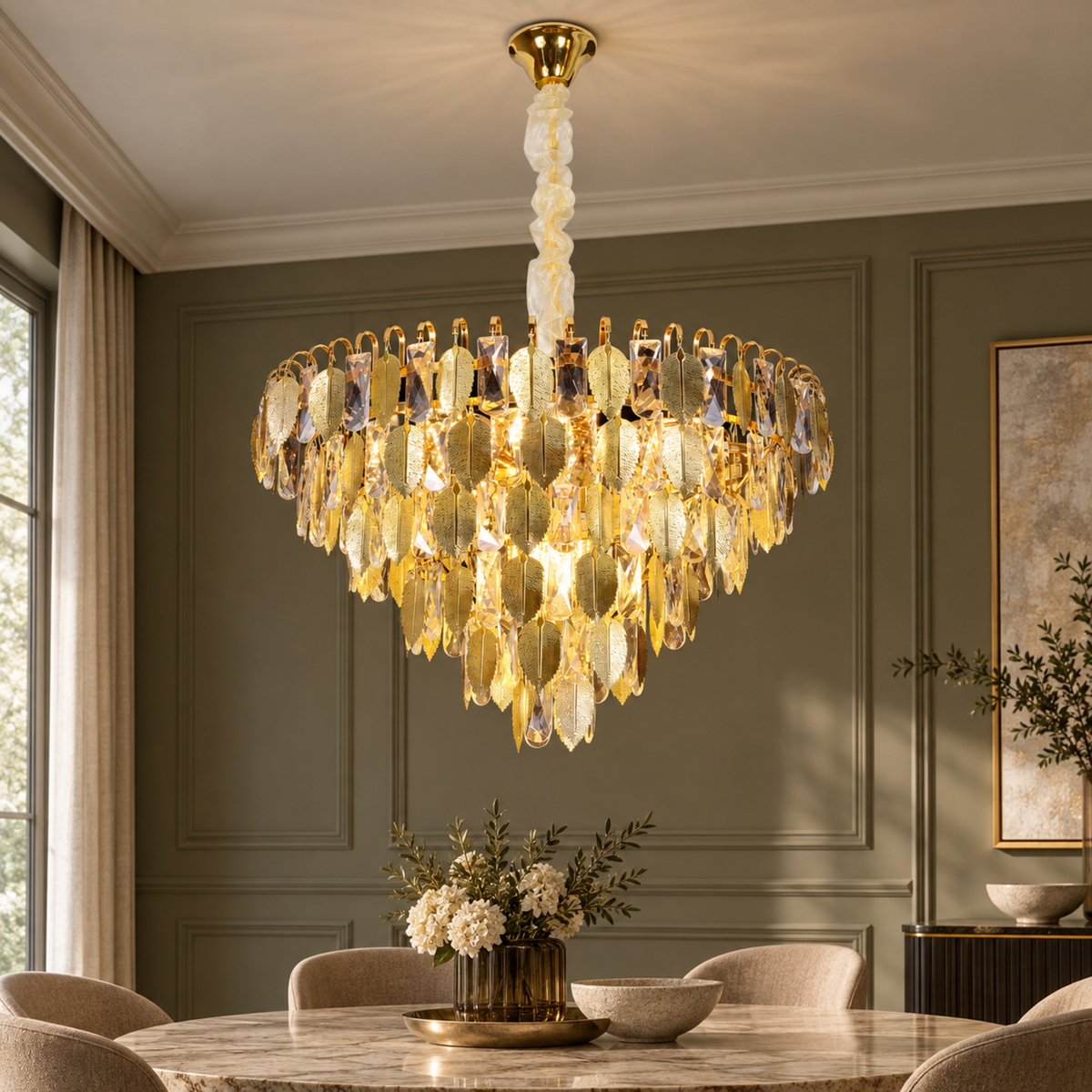 Candelabru Cristal VENARIA 6x E14, Diametru 40cm, Auriu Lucios, Inaltime Reglabil