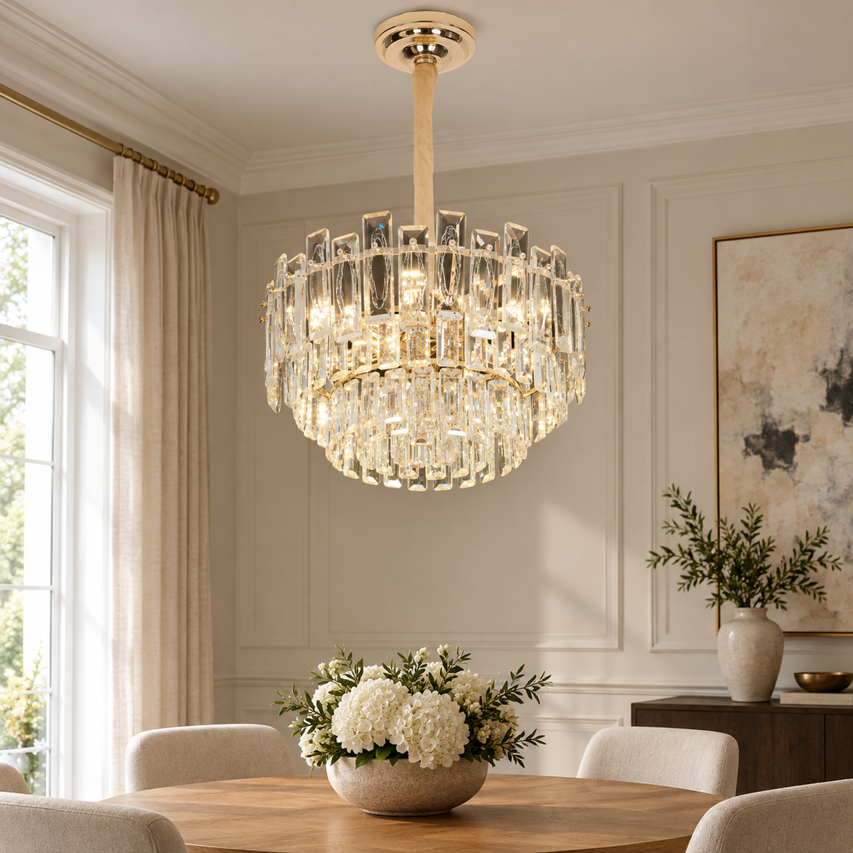 Candelabru Cristal FONTAINEBLEAU Eleganza, 9x E14, Diametru 45cm, Auriu, Inaltime Reglabila