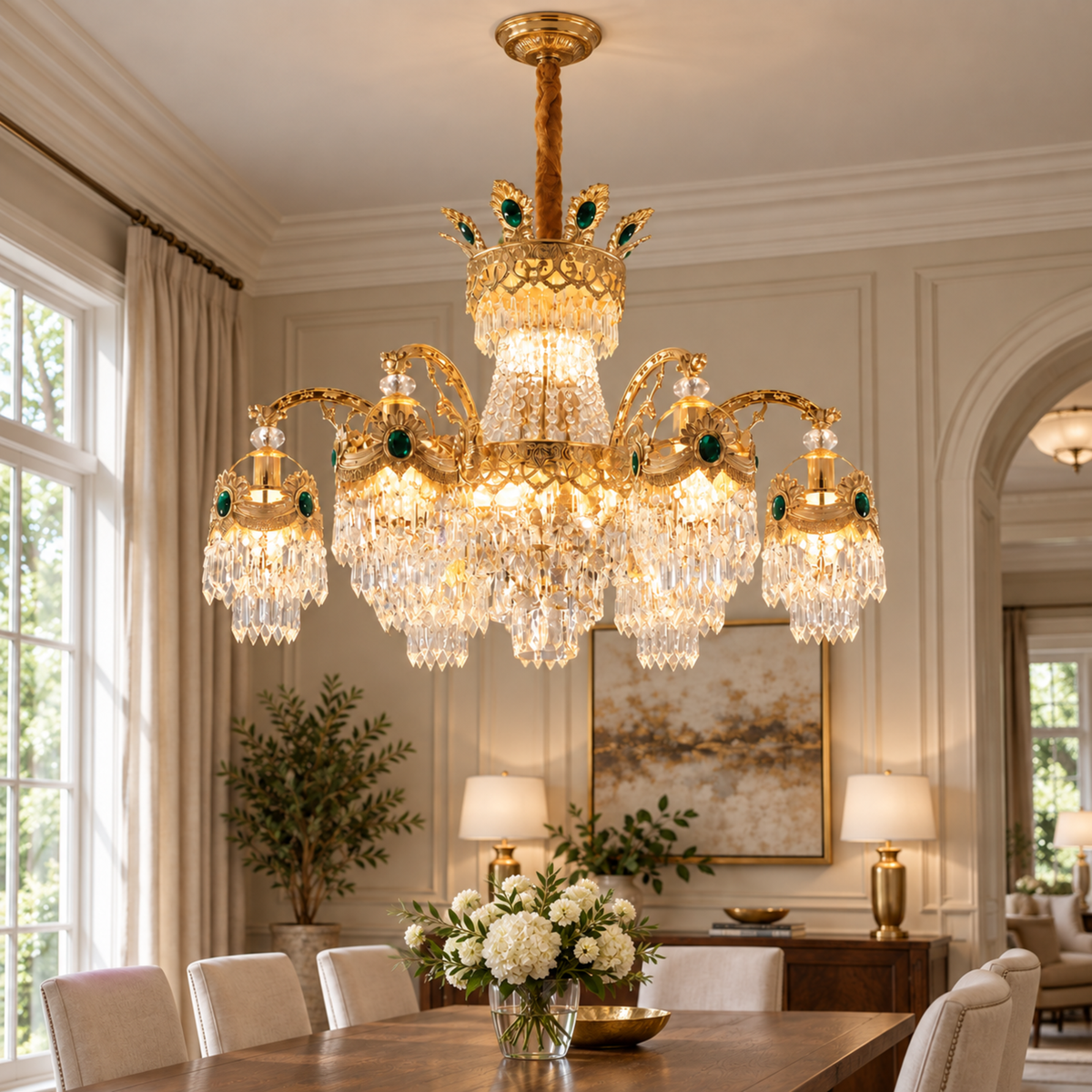 Candelabru Cristal 13xE14, D80cm, Auriu Lucios, Inaltime Reglabila, Metal si Cristal