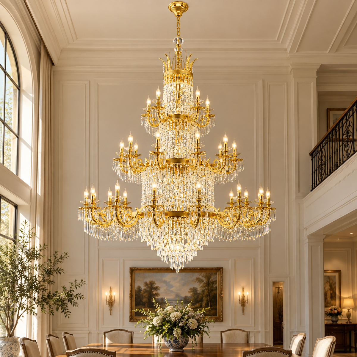 Candelabru Cristal, 54xE14, Diametru 150cm, Inaltime 230cm, Auriu Lucios, Inaltime Reglabila, Design Elegant