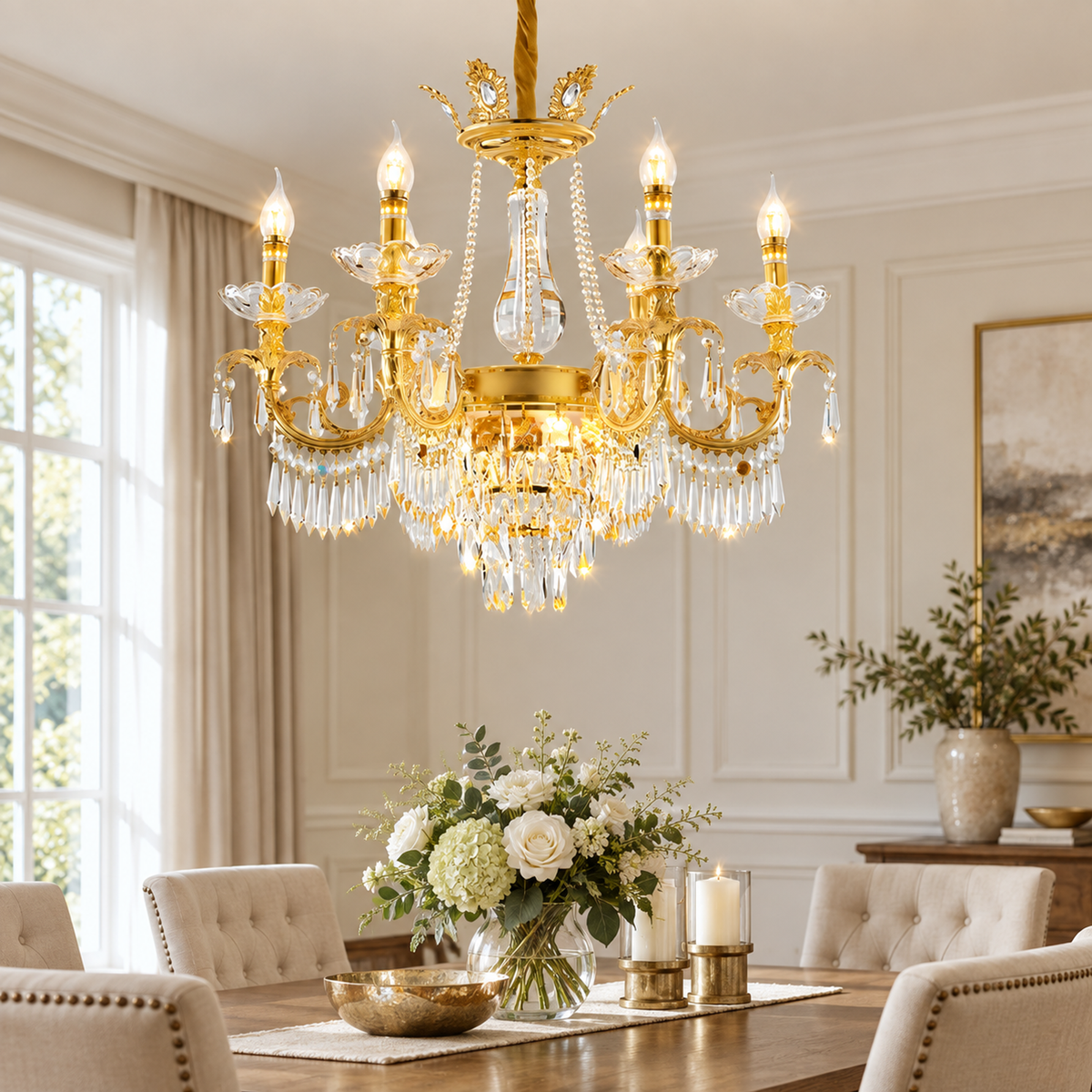 Candelabru Cristal 9xE14, D68cm, Auriu Lucios, Inaltime Reglabila, Metal si Cristal