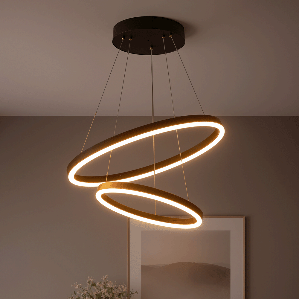 Lustra LED suspendata cu Telecomanda CASIANA 40W, 2 Cercuri, Lumina Rece/Calda/Neutra 3000K/4000K/6000K, Dimabila, Negru, Inaltime Reglabila, imaginea 1