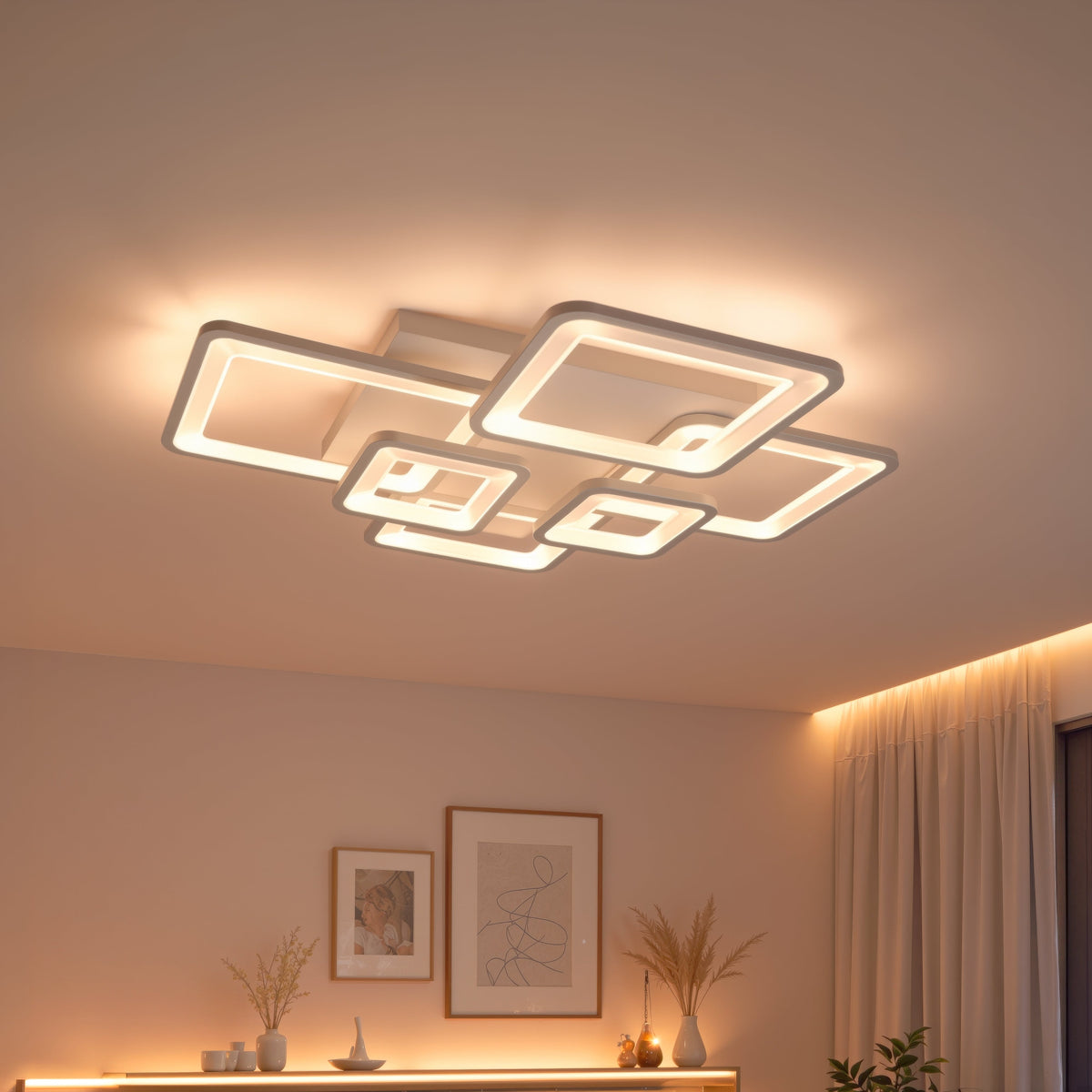 LED luster s diaľkovým ovládačom ELLA 119W, 6 štvorcov, studené/teplé/neuterálne svetlo, stmívateľný, biely, kov a akryl, imaginea 1