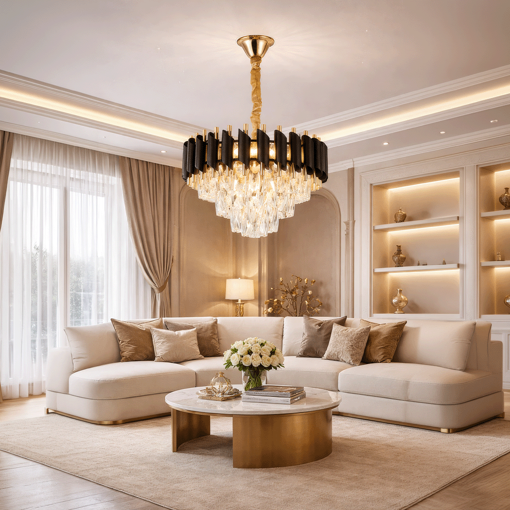 Candelabru Cristal VERSAILLES Nobile 5xE14, Diametru 40cm, Auriu Lucios si Negru, imaginea 5