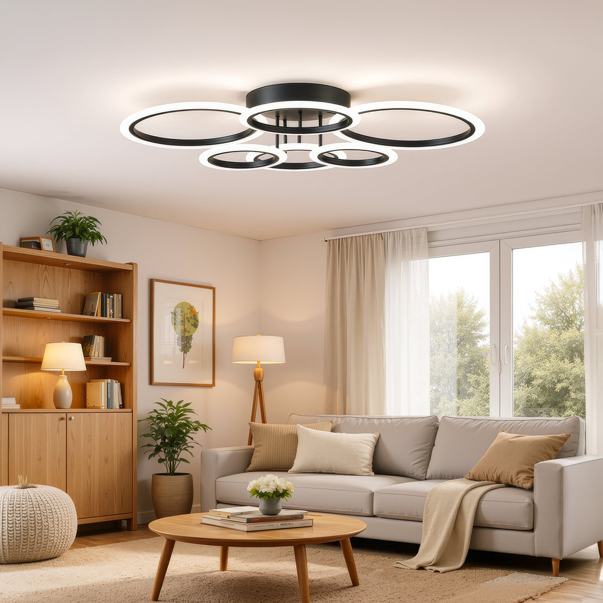 BETTY 82W LED Chandelier with Remote Control, 6 Rings, Cool/Warm/Neutral Light, Dimmable, Black, imaginea 9