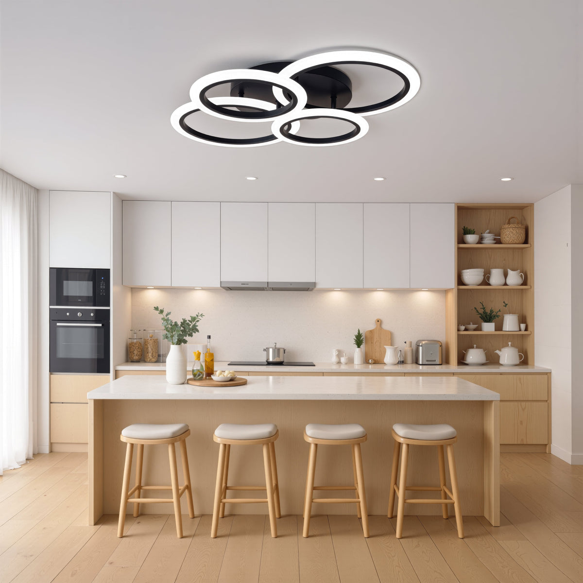 BETTY 43W LED Chandelier with Remote Control, 4 Rings, Cool/Warm/Neutral Light, Dimmable, Black, imaginea 11