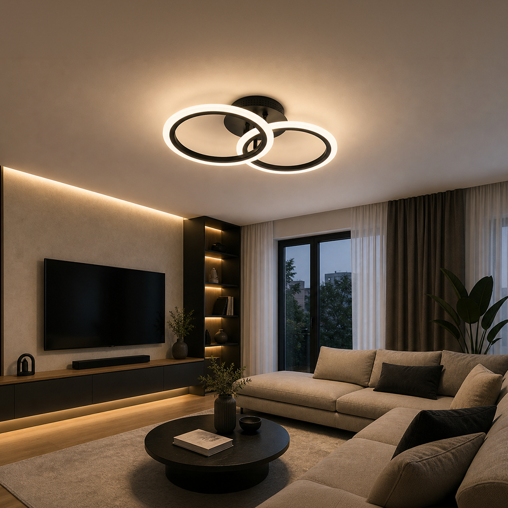 BETTY 27W LED Chandelier with Remote Control, 2 Rings, Cool/Warm/Neutral Light, Dimmable, Black, imaginea 9