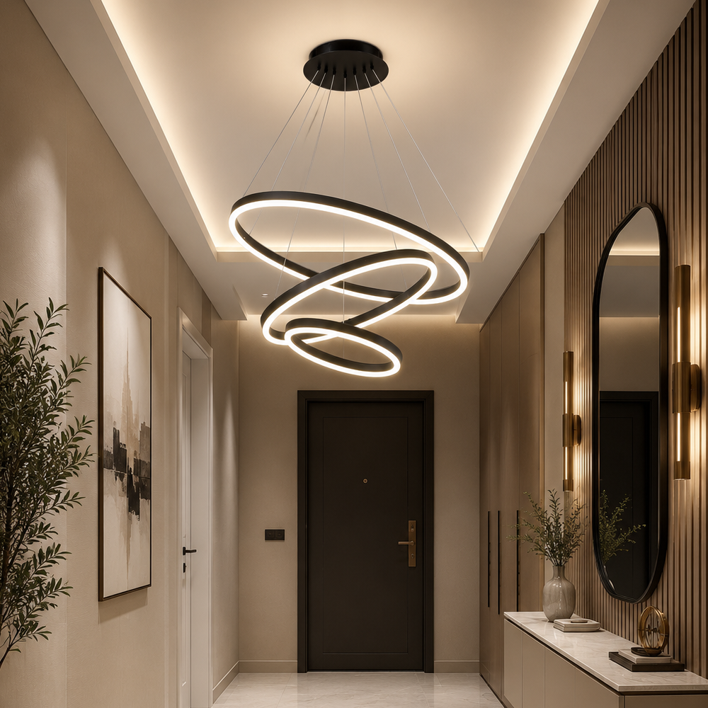 Závesný LED luster s diaľkovým ovládačom CASIANA 85 W, 3 kruhy, studené/cieple/neuterálne svetlo, dimovateľný, čierny, nastaviteľná výška, imaginea 8