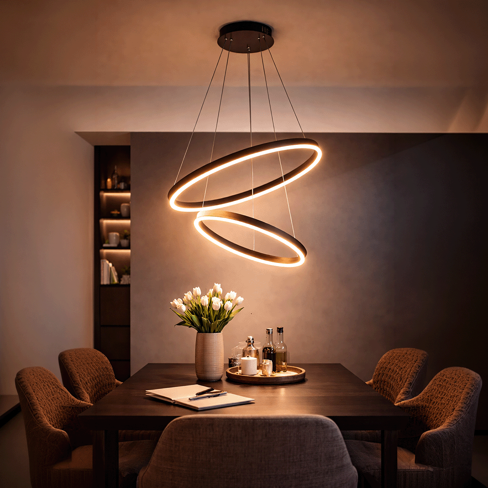 Závesný LED luster s diaľkovým ovládačom CASIANA 40 W, 2 kruhy, studené/teplé/neutrálne svetlo 3000 K/4000 K/6000 K, dimovateľný, čierny, nastaviteľná výška, imaginea 11